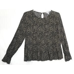 NWOTs-PopSugar Woman's Brown Black Tiered Top Round Neck Long Smocked Slvs Sz M